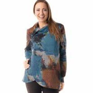 Pure Essence Tunic Top Abstract Long Sleeve Cowl Neck Crossover w Buttons XL